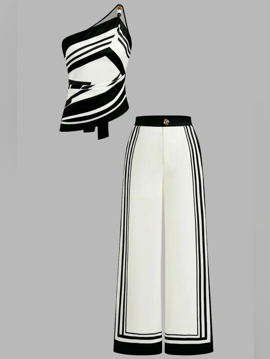 Commense Pants - Commense Black & White Wide-Leg Two-Piece Set